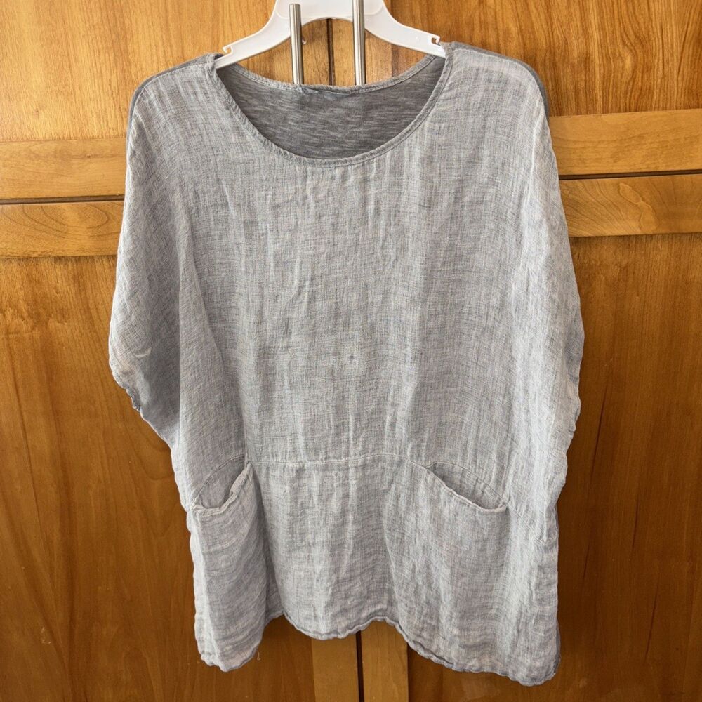 MEO MELI Italian Top Women Blouse Lagenlook Coastal Boho Cotton Linen Gray Pocke